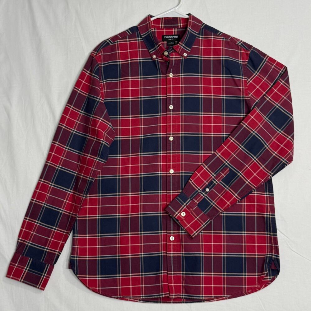 Claiborne Mens Red Navy Plaid Slim Fit Long Sleeve Button Down‎ Shirt L